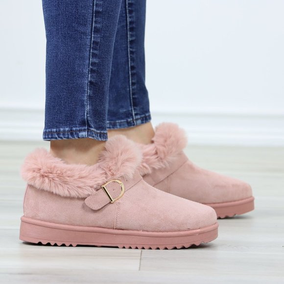 Faux Pink Suede Fuzzy Warm Ankle Booties Super Cozy Fully Lined - Picture 3 of 13